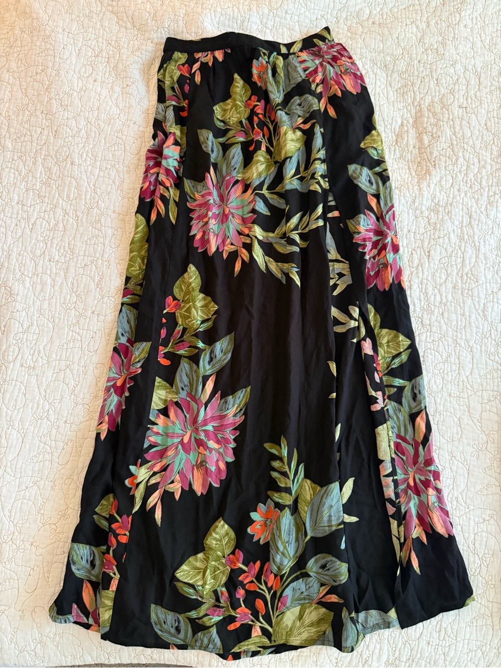 Patrons of Peace Black Maxi Skirt with Pink & Green Floral Design